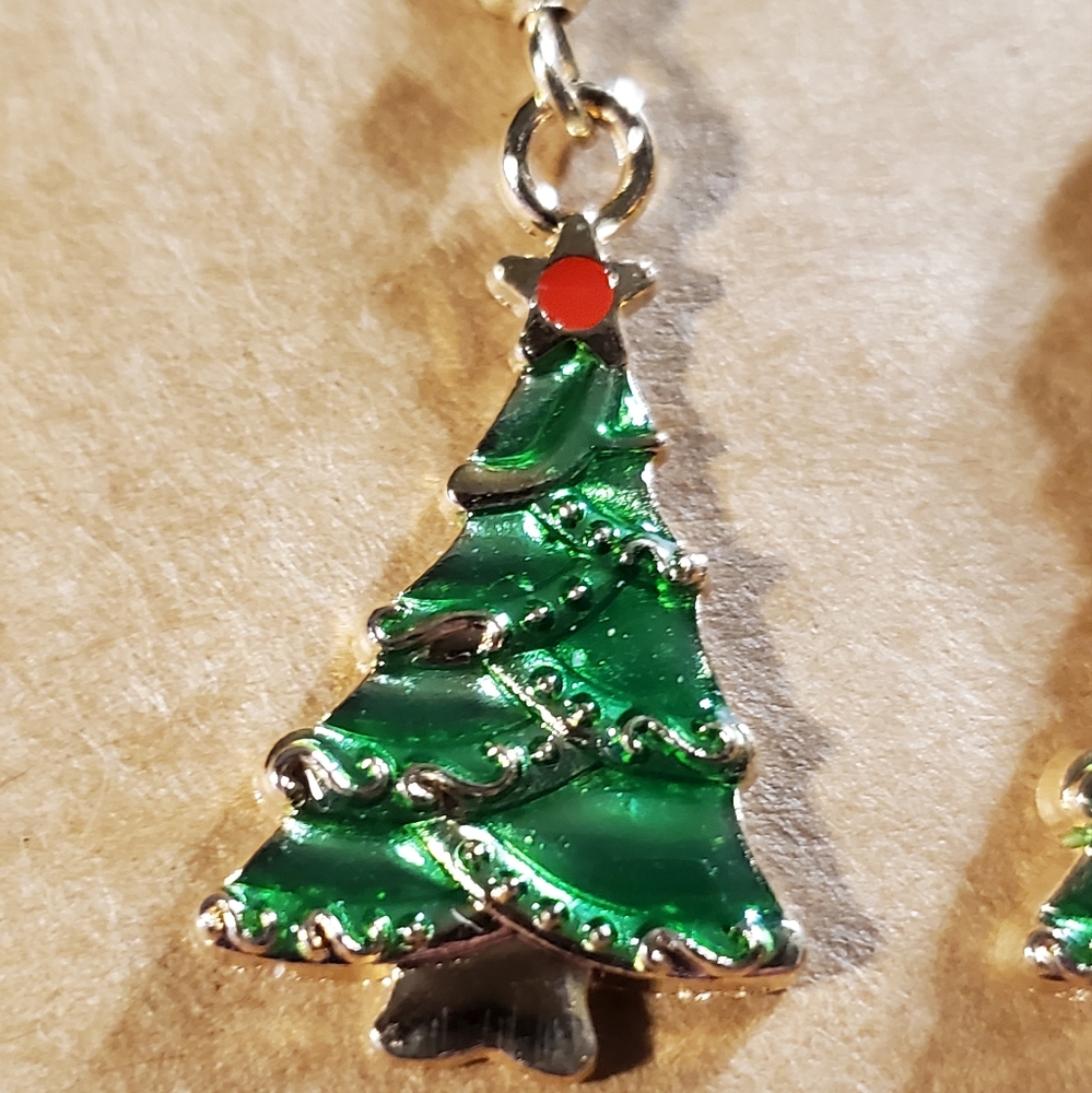 Green, gold and red Christmas Tree earrings. Gold setting. Light and cute!!